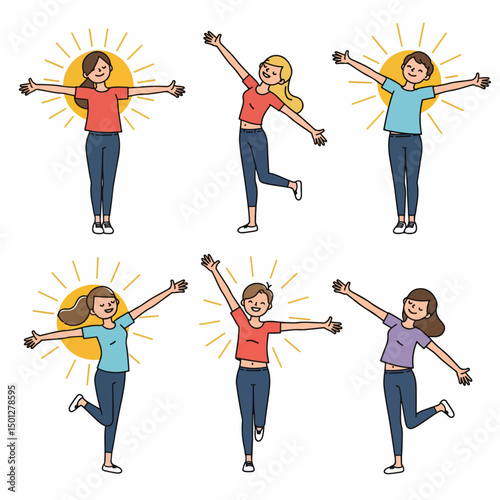 People raising arms with sun background