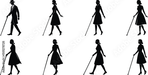Blind man and women walking silhouette vector illustration set