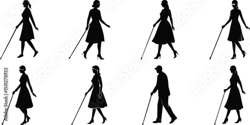 Blind man and women walking silhouette vector illustration set
