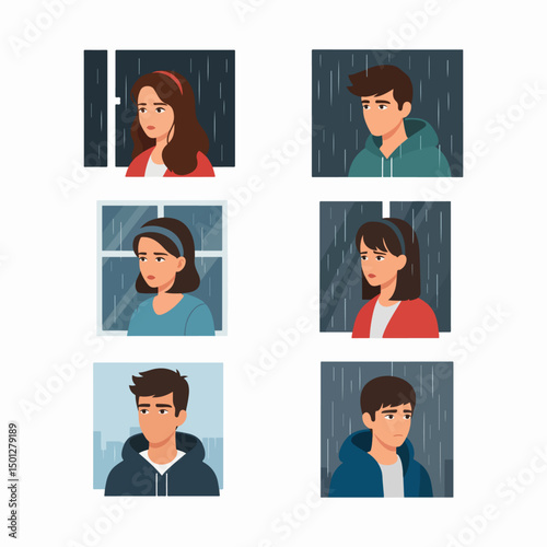 Portraits In Windows On Rainy Day