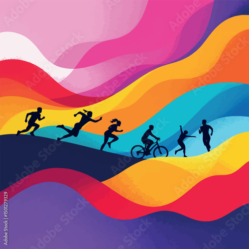 Vsai athletes running, cycling and jumping in a colorful flowing landscape