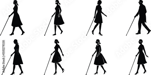 Blind man and women walking silhouette vector illustration set