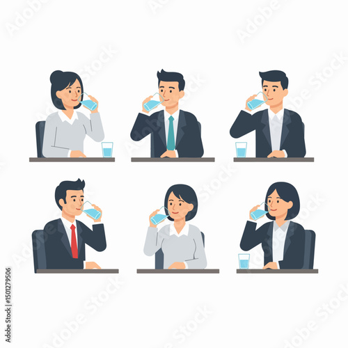 People at desks drinking water in office