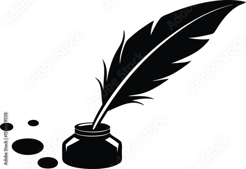 Quill pen and inkwell silhouette vector.