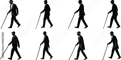 Blind man and women walking silhouette vector illustration set