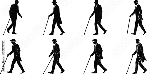 Blind man and women walking silhouette vector illustration set