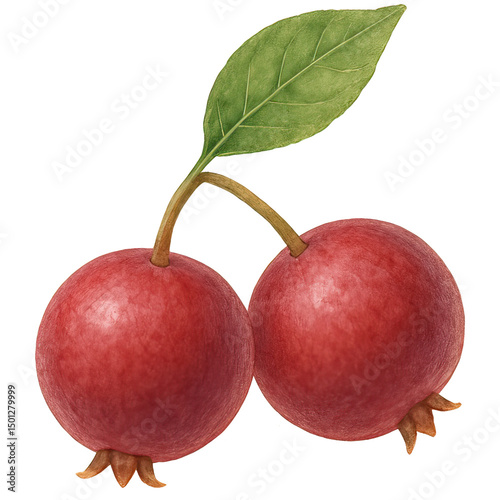 Watercolor illustration of two red berries with a green leaf on a white background