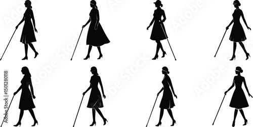 Blind man and women walking silhouette vector illustration set