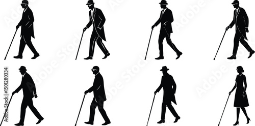 Blind man and women walking silhouette vector illustration set