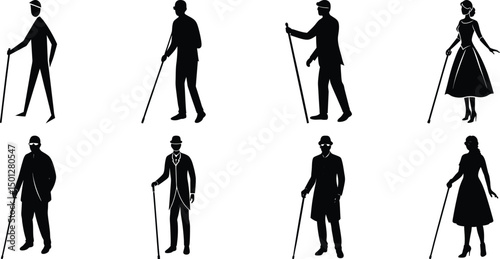 Blind man and women walking silhouette vector illustration set