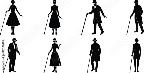 Blind man and women walking silhouette vector illustration set
