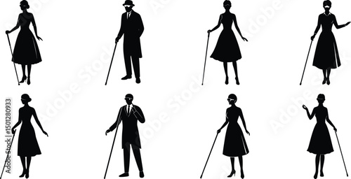 Blind man and women walking silhouette vector illustration set
