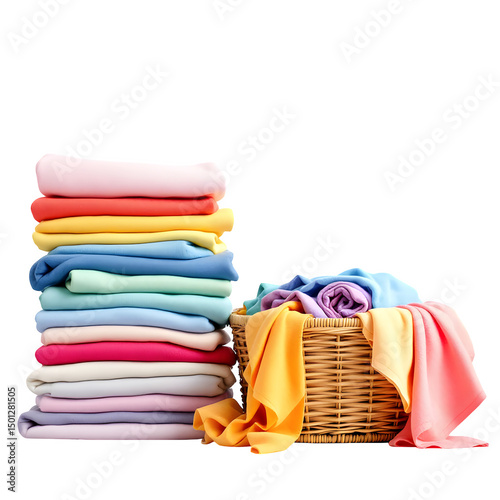 A stack of folded colorful clothes and a wicker basket filled with colorful folded clothes too isolated with white background