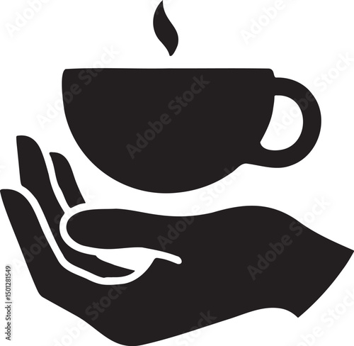 Hand holding a hot coffee cup, a vector illustration of a morning cafe beverage with steam and aroma