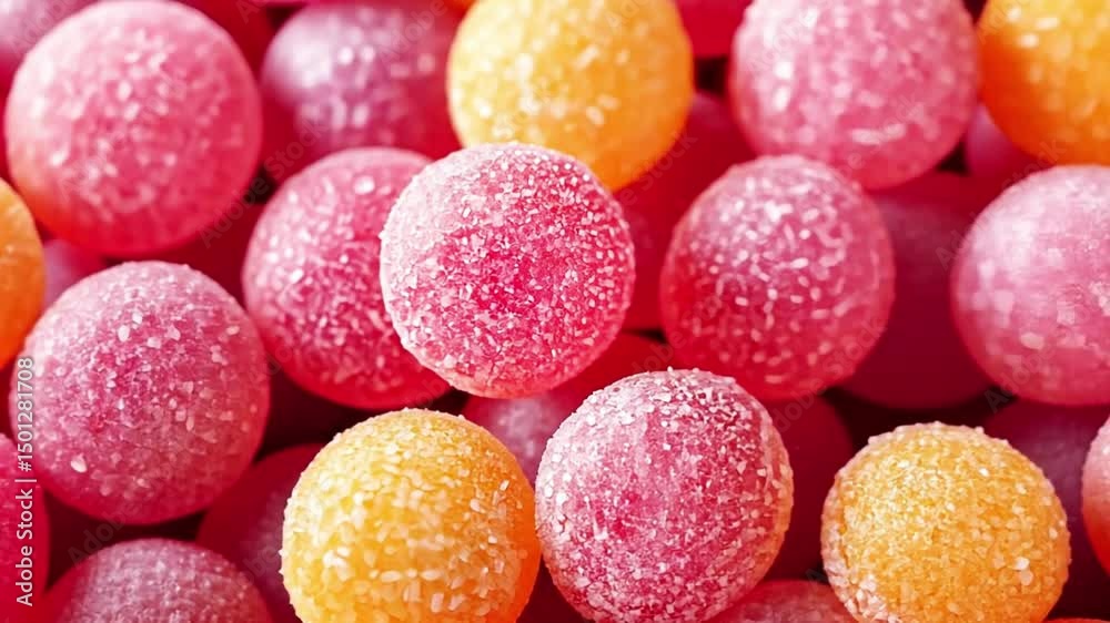 Vibrant pink and orange sugary candy balls create a playful color explosion