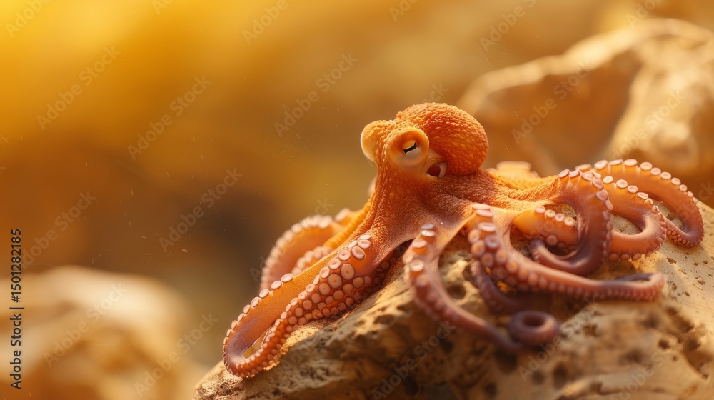 Obraz premium Close up of an orange octopus resting on a rock in warm sunlight. Marine life, underwater world, cephalopod.