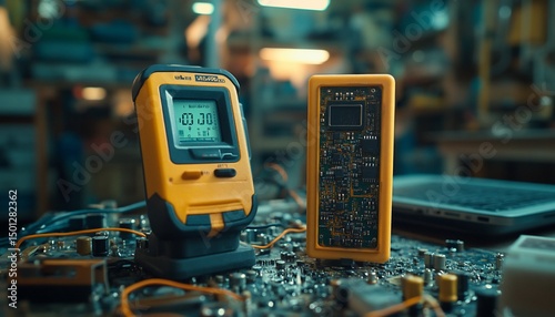 Close-up of electronic test equipment on a circuit board, emphasizing technology
