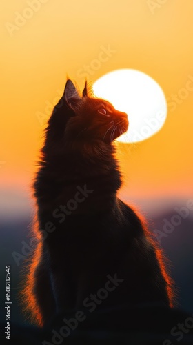 Majestic cat silhouette against vibrant sunset outdoor scene nature photography tranquil atmosphere side view serenity