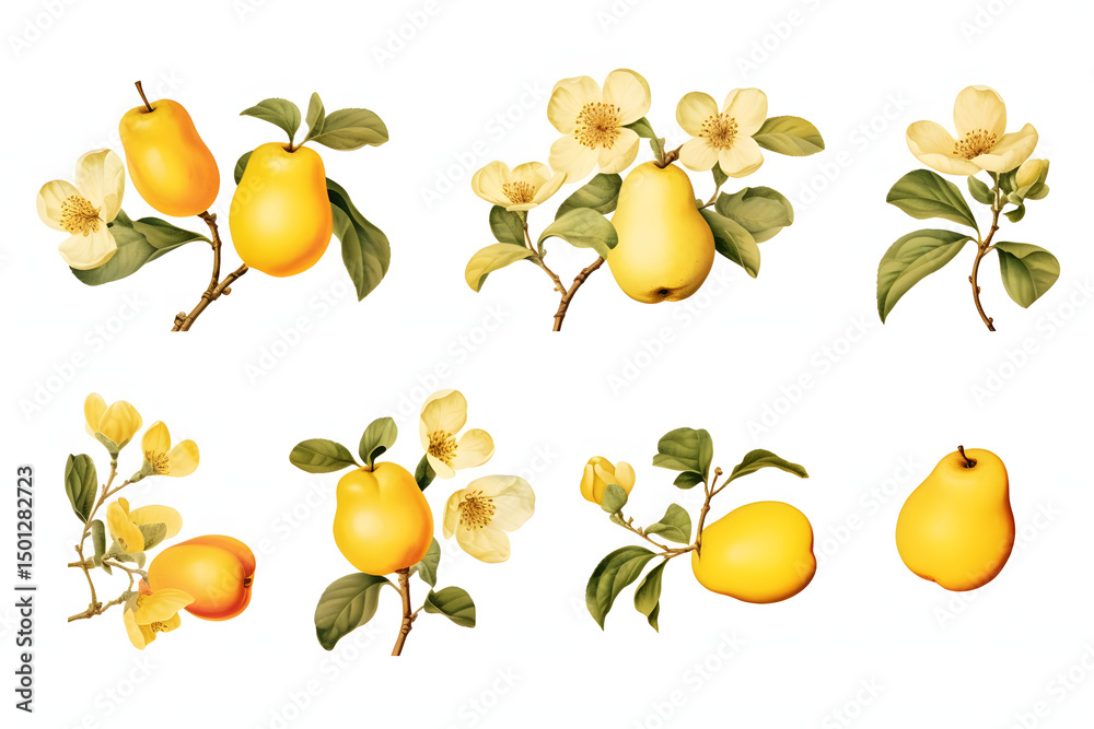 Obraz premium Ripe yellow pear with green leaves on white background, fresh and natural 