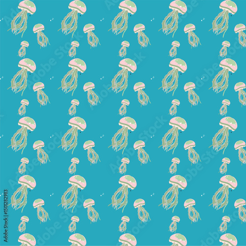 Floating Jellyfish, Repeating Pattern
Jellyfish on blue background,nautical seamless pattern .