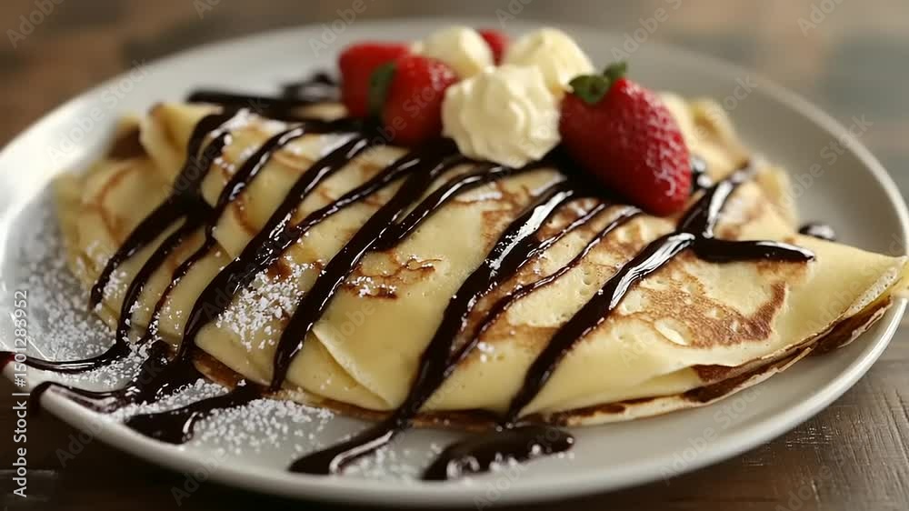 Delicious chocolate drizzled crepes topped with strawberries and whipped cream on a rustic table