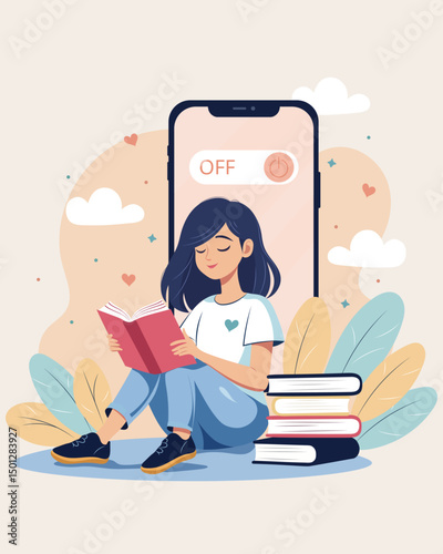 Digital detox concept. Embracing life beyond screens with mindful activities. Female character relaxing with a book in a serene setting. Hand drawn vector illustration