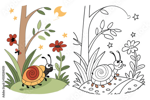 Coloring page of cartoon cute happy carton for design element. Vector illustration of funny sea animal on a white background. Сhildren's coloring book with color example