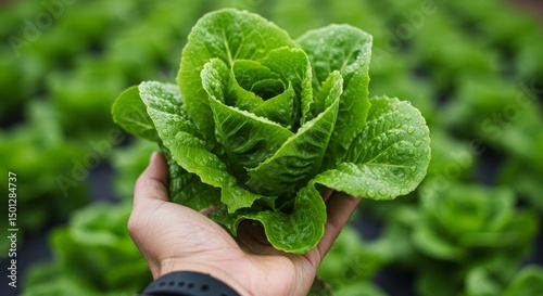 Photo of a Hand Holding Fresh Green Lettuce with Blurred Field Background