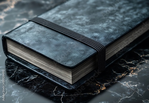 Black notebook mockup on glossy marble surface

 photo