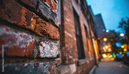 Brick building corner detail, depth of field to a blurred cityscape background