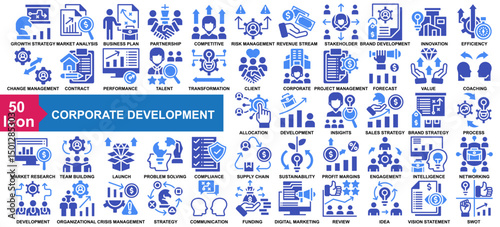 "Corporate Development" icon collection set. Growth Strategy, Market Analysis, Business Plan, Strategic Partnership, Competitive Advantage icon. Simple Glyph Color vector.