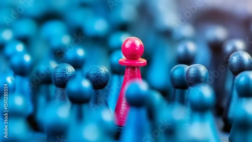 Colorful game pieces in a dynamic arrangement, showcasing a single red pawn among blue ones