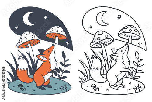 Coloring page of cartoon cute happy carton for design element. Vector illustration of funny sea animal on a white background. Сhildren's coloring book with color example