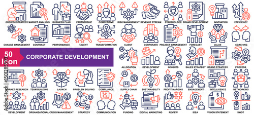 "Corporate Development" icon collection set. Growth Strategy, Market Analysis, Business Plan, Strategic Partnership, Competitive Advantage icon. Simple Outline Color vector.
