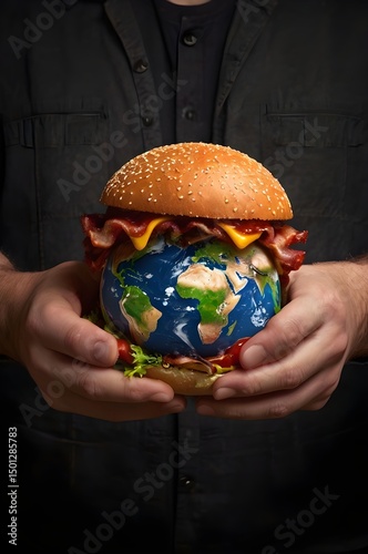 Planet burger cross-section held by hands