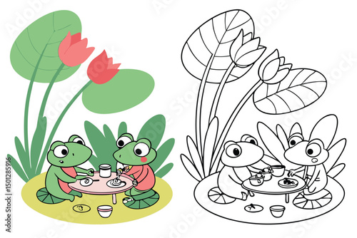 Coloring page of cartoon cute happy carton for design element. Vector illustration of funny sea animal on a white background. Сhildren's coloring book with color example