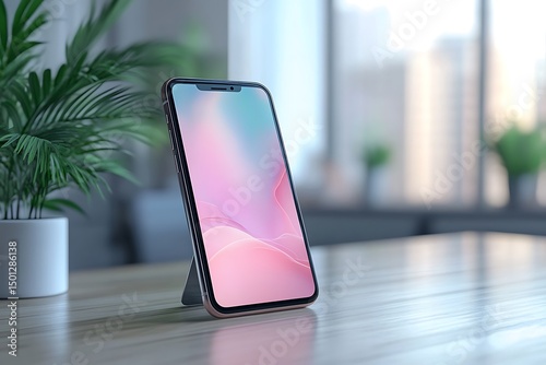 Smartphone mockup on stand with pastel background and plants

 photo