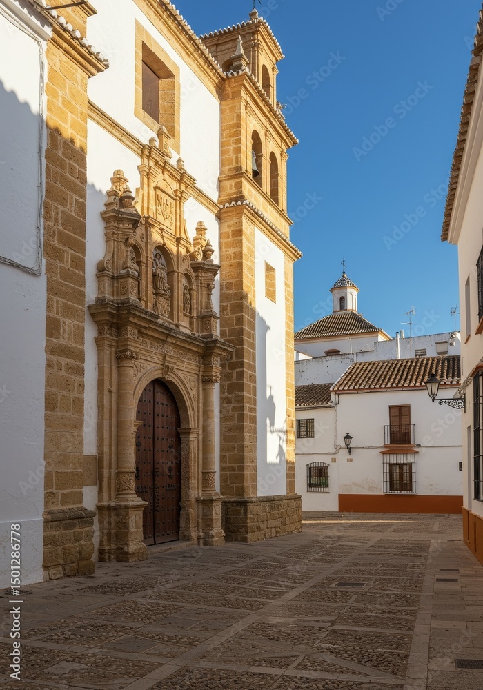Fototapeta premium Photo of a Historic Church and Street Scene with Blue Sky and Sunlight in Spain