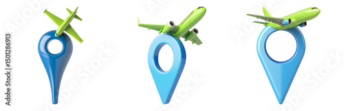 Three Isolated Icons of Airplane and Map Pin on Transparent Background