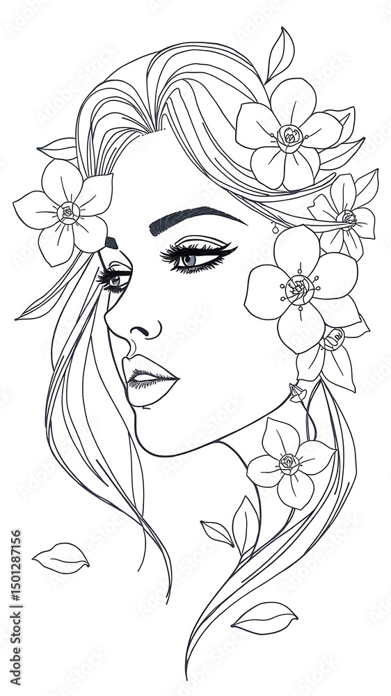 Elegant line art drawing of a woman adorned with flowers Elegant line art drawing of a woman adorned with flowers