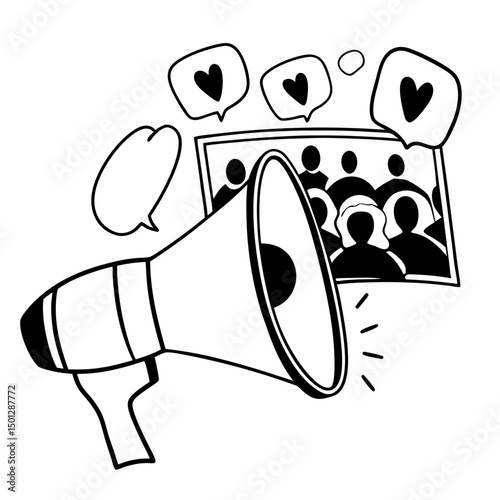 Funny cartoon dog with a business megaphone loudspeaker delivering a loud message