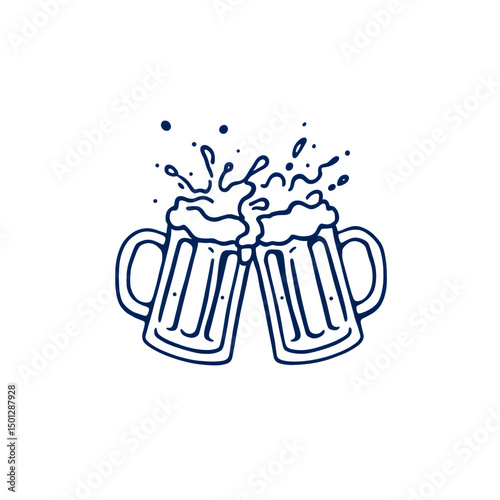 Two beer mugs clinking together in a blue outline with beer splashing against a black background isolated with white background