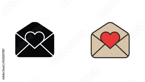 Two stylized envelopes with heart symbols, one black, one colored, conveying love.