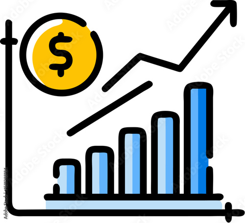 Business financial growth chart with a dollar sign icon indicating market success and investment progress