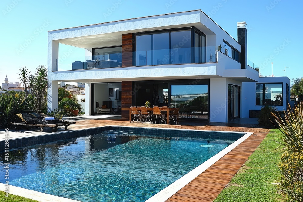 Fototapeta premium Modern luxury villa with a swimming pool and deck.