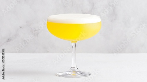 Close up of a vibrant yellow cocktail in a coupe glass with a thick foam head.  Perfect for summer drinks menus or bar promotions.