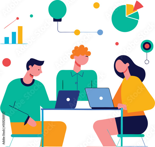 Creative coworkers brainstorming with printed grasp vector icon without background