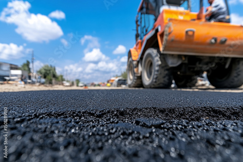 Paving process for a residential driveway amid construction chaos under a bright blue sky