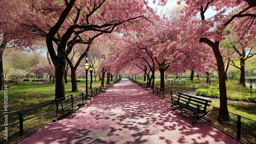 Pink blossoms line a park path