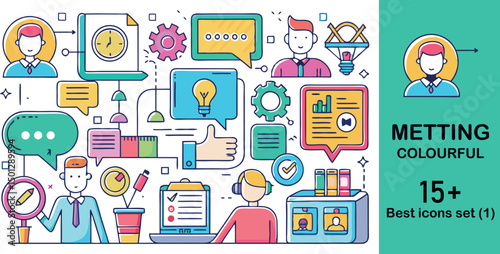Colorful icon set themed around meetings and teamwork. Includes people, chat bubbles, video calls, laptops, and schedules. Bright flat design perfect for apps and presentations.